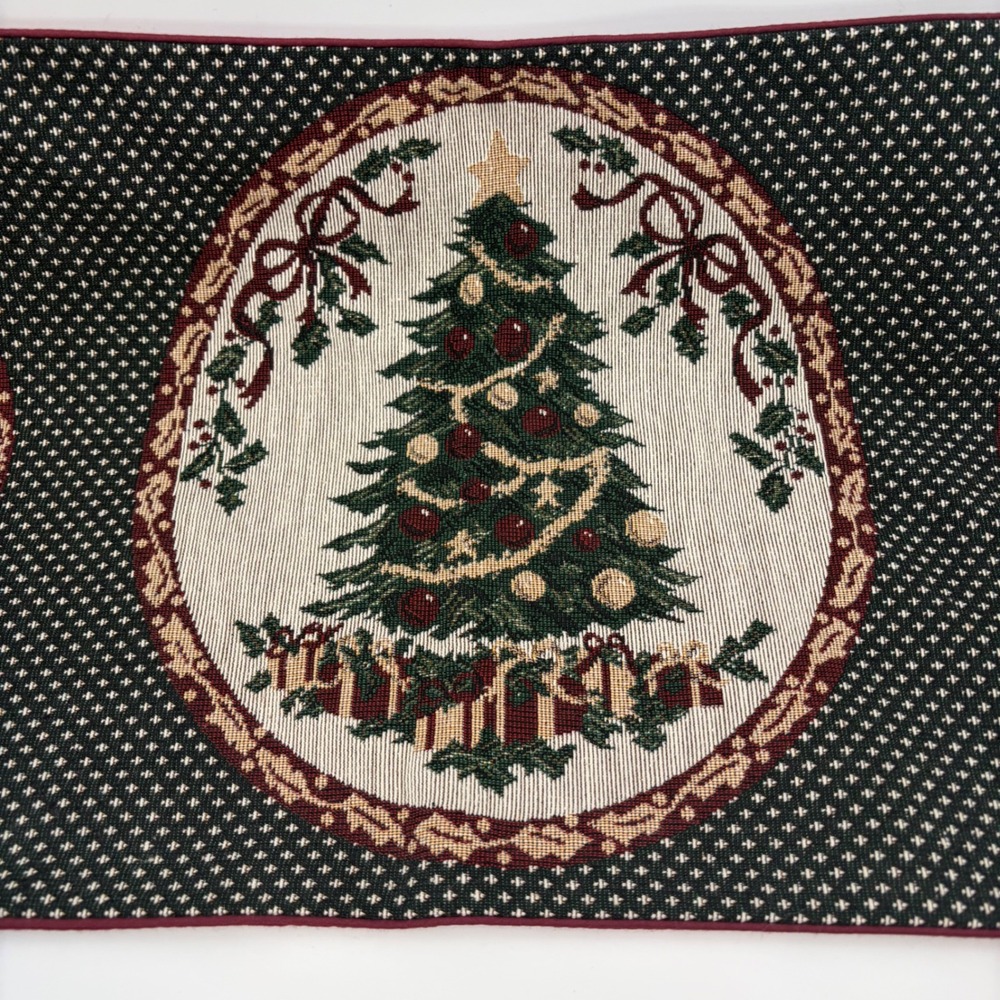 Vintage Style Christmas Tree Woven Tapestry Table Runner Burgundy Green 35in